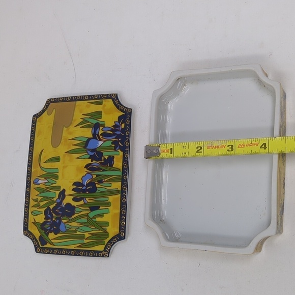 Trinket Box Ceramic Cover Floral Purple Iris Enesco 1979 Jewelry Yellow Gold 6" - Picture 6 of 9